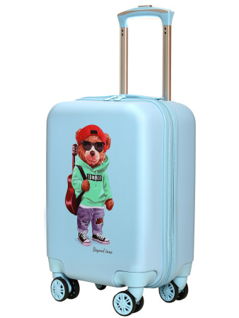 R103 голубой чемодан детский Мишка с гитарой