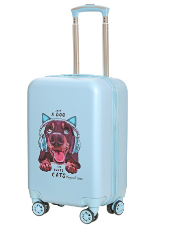 G202 голубой чемодан детский Собака черная в наушниках